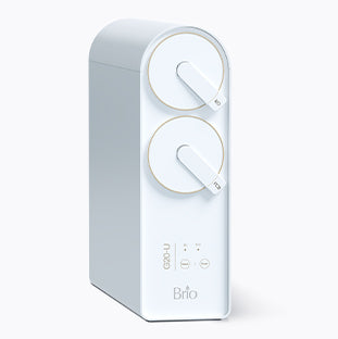 A sleek, modern white water filtration device with two round dials on the front, labeled RO and CD, and three indicator lights below. The brand name Brio is printed at the bottom.